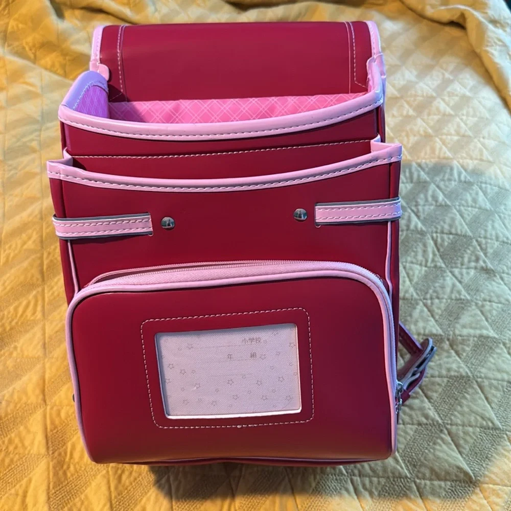 Red Japanese School Bag with pink trim and reflective stripes. - Picture 10 of 13